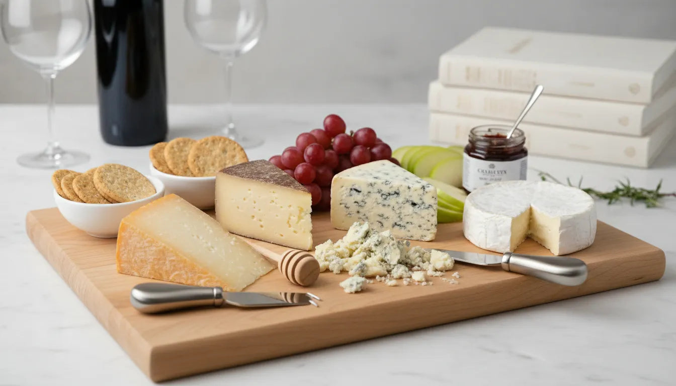 Cheese board with assorted cheeses, crackers, grapes, apple slices, and jam.