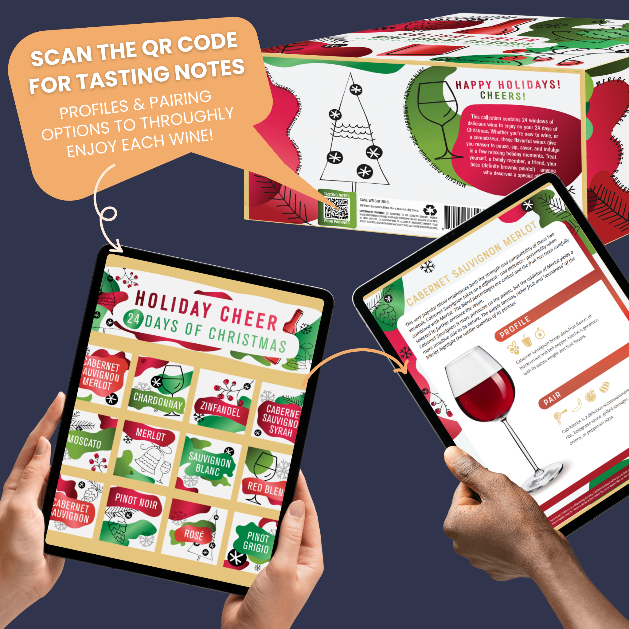Wine advent calendars each come with a unique QR code that takes you to each wine profile and tasting notes with food pairing options so you can get the most enjoyment out of each bottle